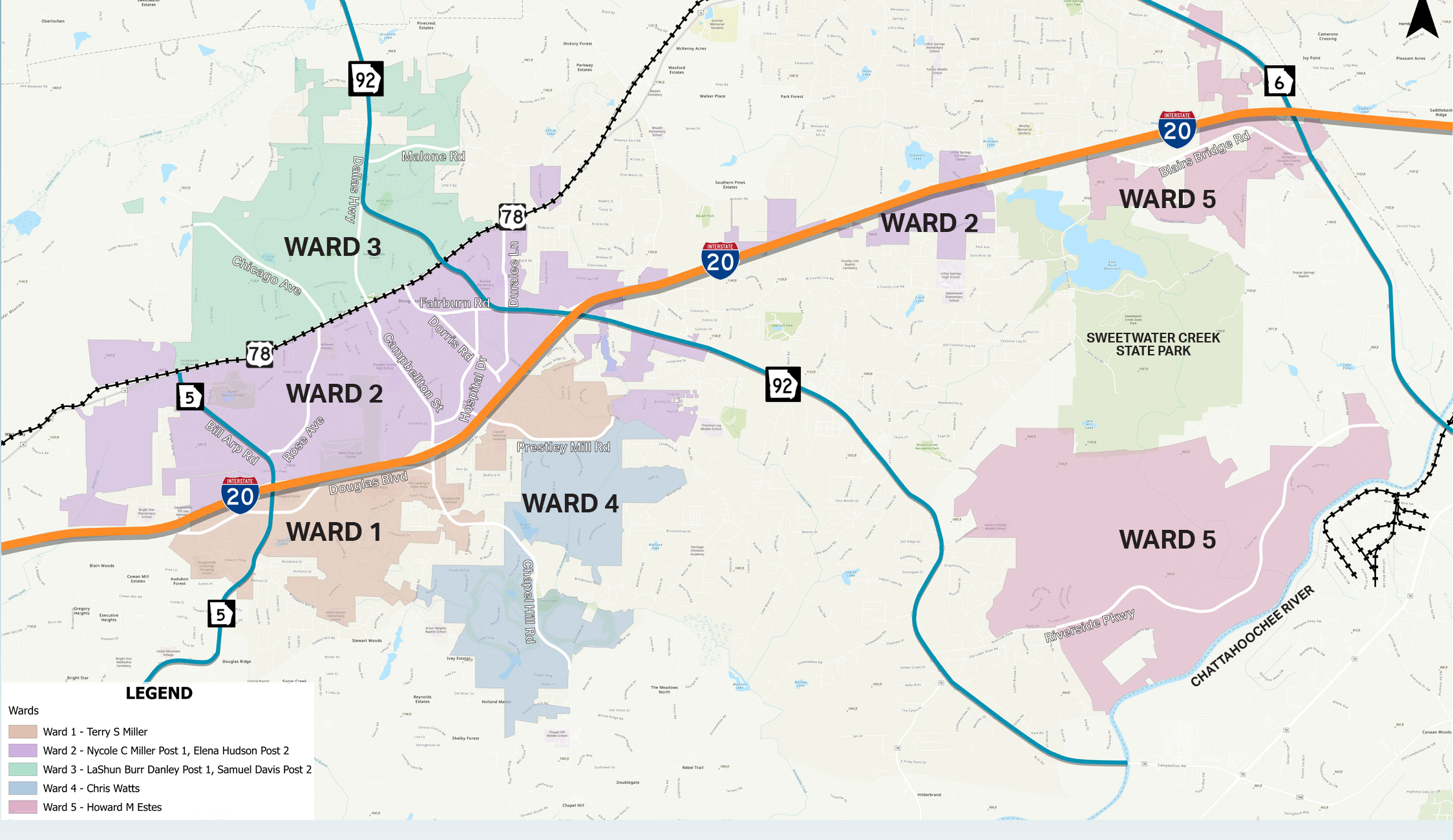 Map showing major transportation routes in Douglas County with City Ward Maps shown
