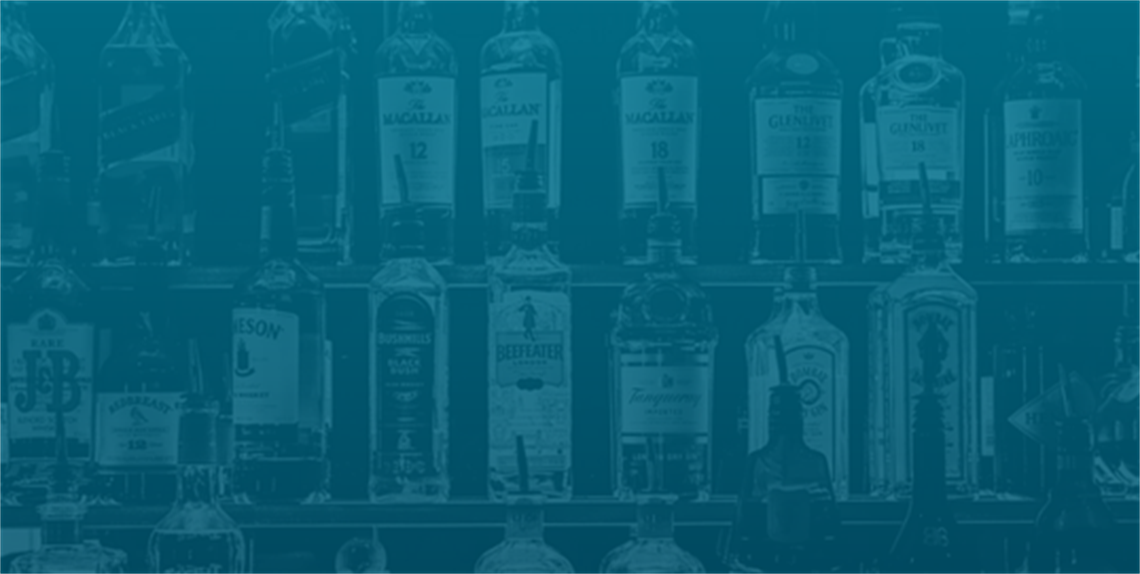 Alcohol bottles on a shelf with a blue/green mask over the photo