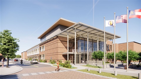 New City Hall Rendering front of Building with Flag Poles